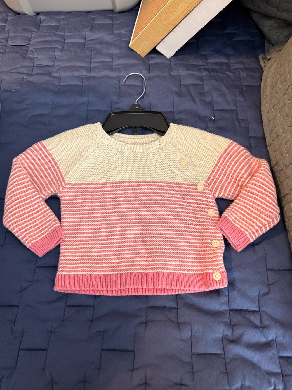 GAP Cream and Pink Striped Crewneck Sweater with Side Buttons